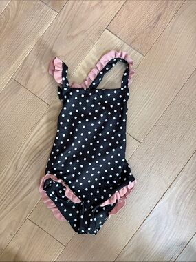 Samesies Kids Black Polka Dot Ruffle Swimsuit with Pink Trim